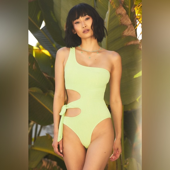 Just Add Water Lime Green Ribbed One-Shoulder Side-Tie Swimsuit - Picture 3 of 5